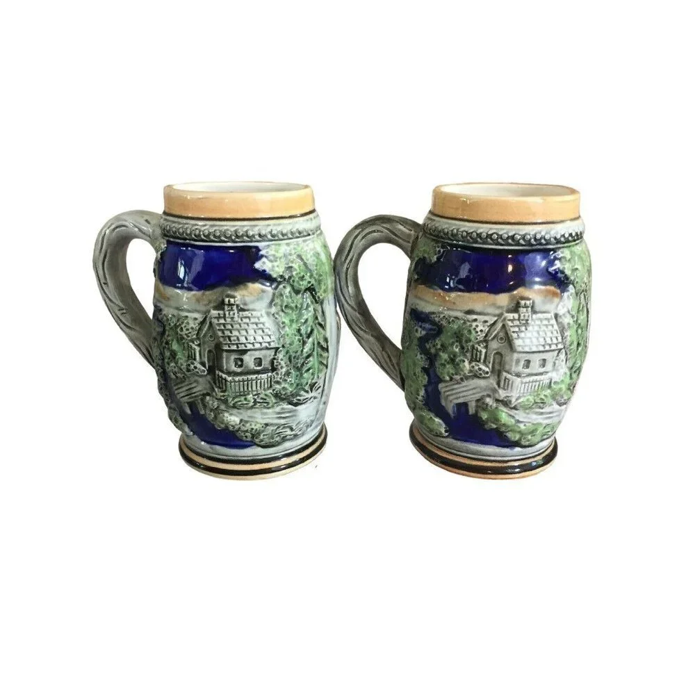 VTG German Style Beer Stein‎ Mugs Pair 5.5